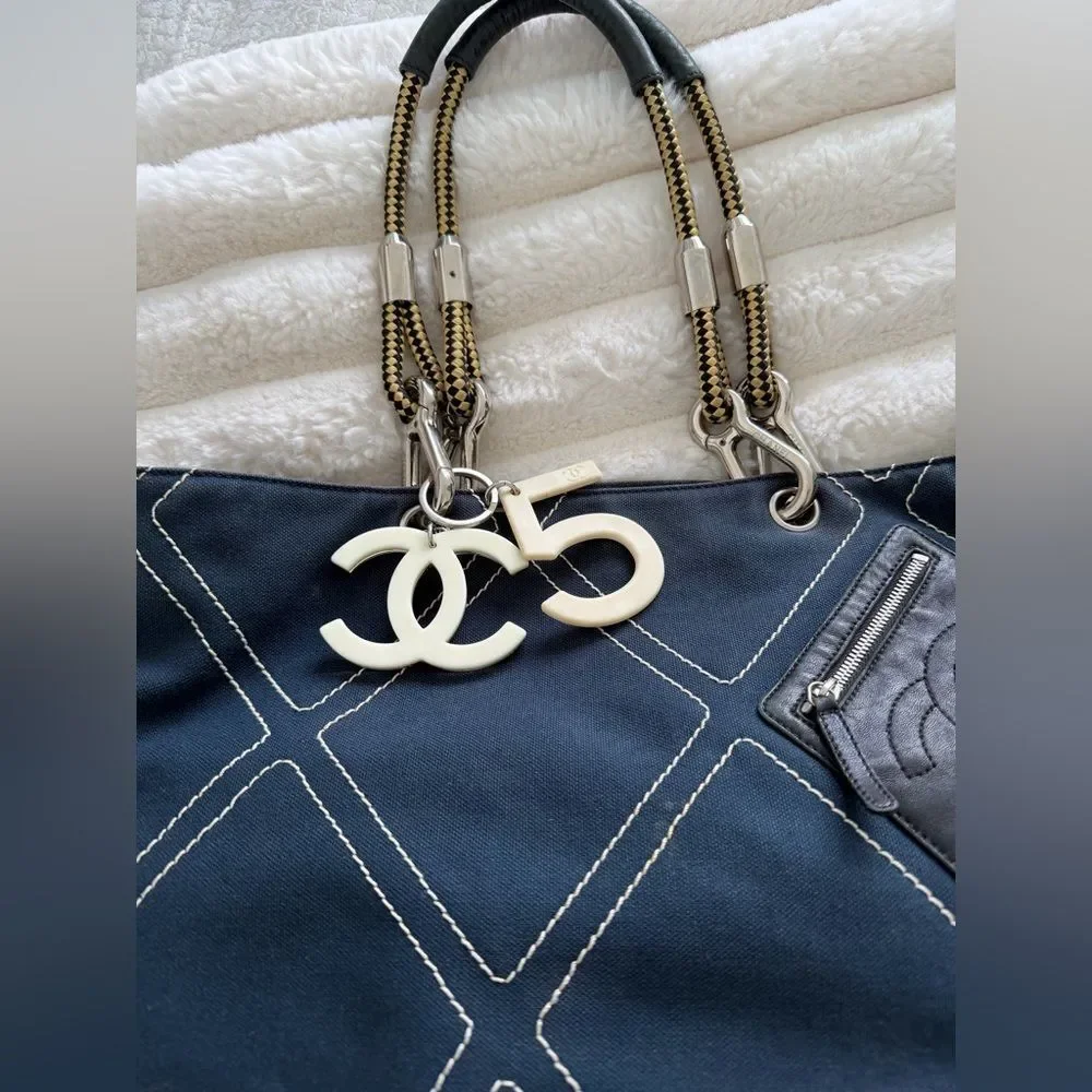 CHANEL Navy Quilted Canvas Shoulder Tote with Gold Chain Handles